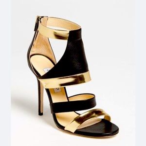 Jimmy Choo Besso Black & Gold Leather Ankle Sandal Shoes Sz 39 Preowned